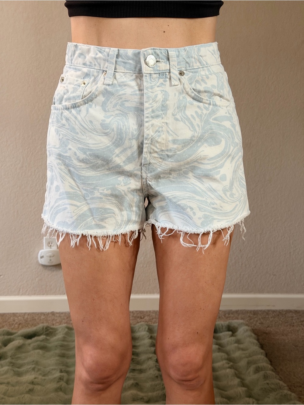 Zara High-Waisted Blue Marble Swirl Denim Cutoff Shorts